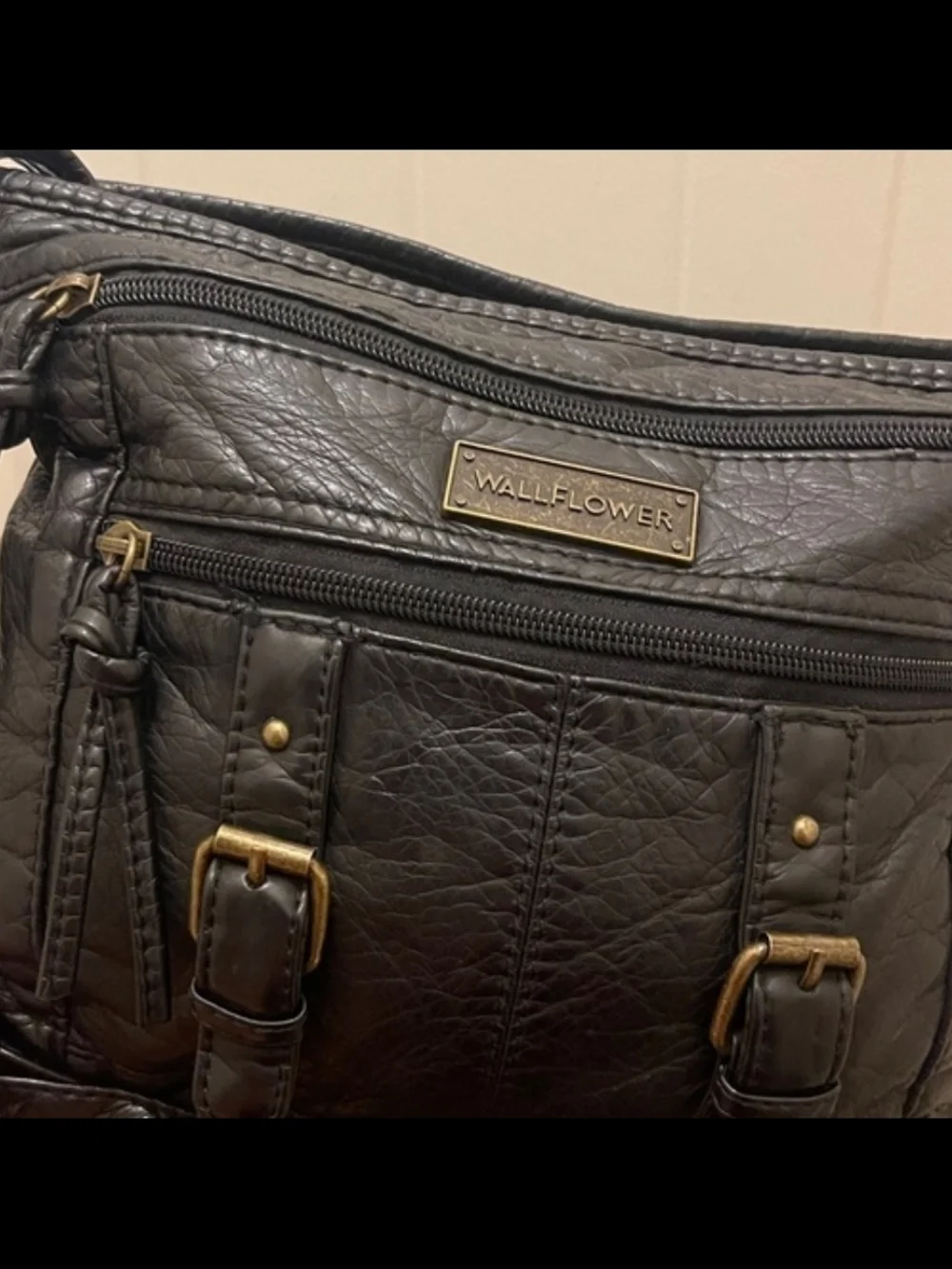 Wallflower Black Faux Leather Crossbody Bag with Front Buckle Pockets